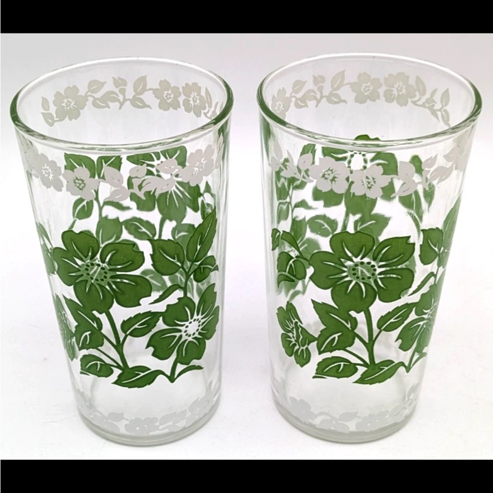 Vintage Federal Glass Pair Floral Green Glass Tumblers 8 oz.